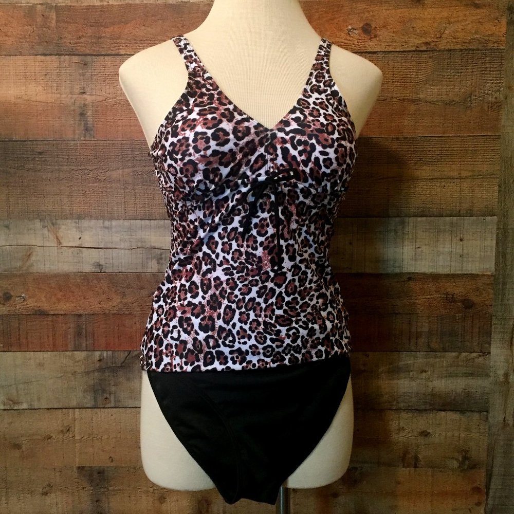 SheilayTankini Set Size XL Leopard Print Pull-On Top & 2 Black Hi&Low Bottoms